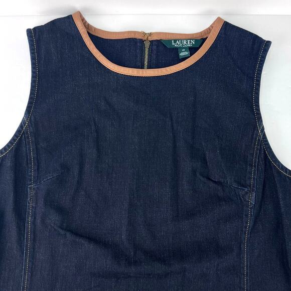 Ralph Lauren Dianva Women's Dark Wash Denim Shift Sheep Leather Trim Dress 10 - Picture 6 of 11